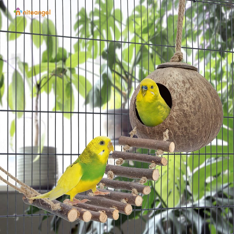 Niteangel Natural Coconut Hamster Hideaway with Ladder, Bird and Small Animal Toy (House with Ladder, Smooth Surface) - Image 4